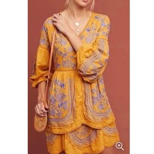 NWOT Anthropologie Meadow Rue Lisette yellow and blue embroidered dress
